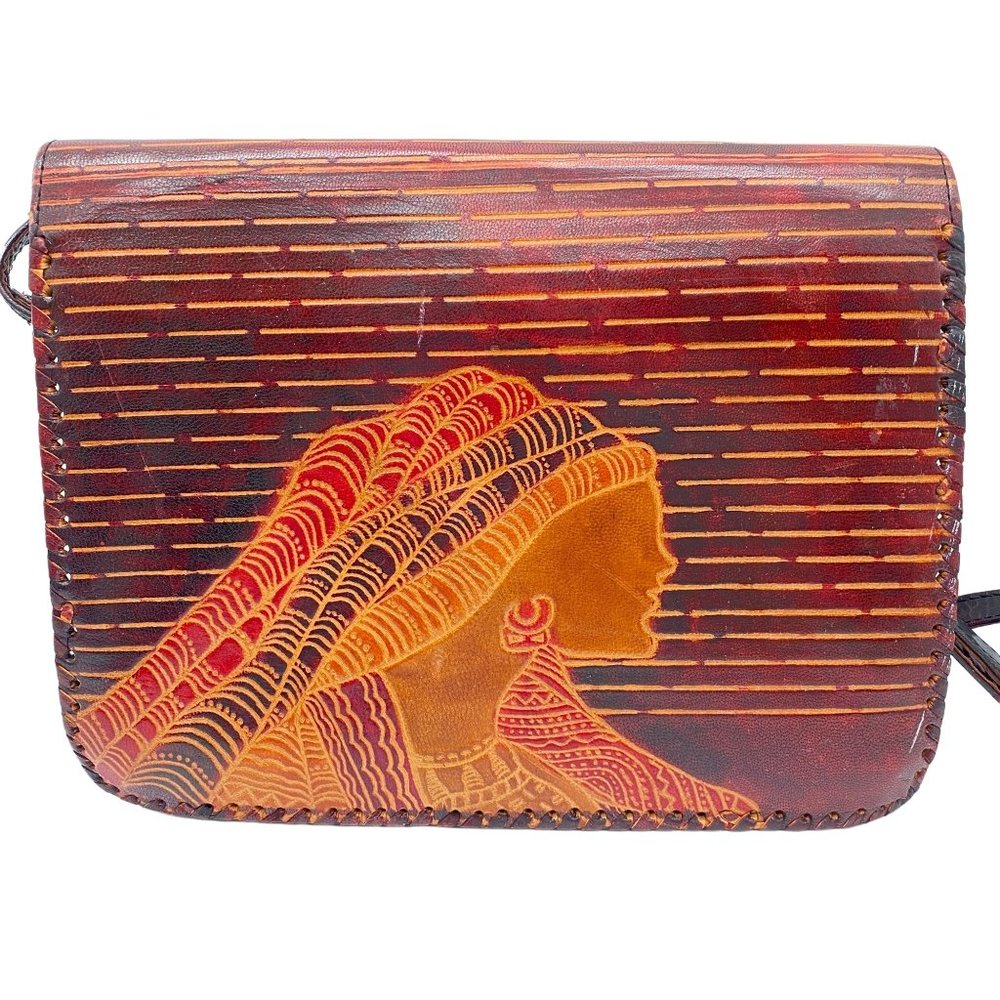 Vintage hand tooled leather African female braids ethnic purse India - Picture 3 of 13